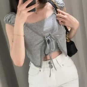 [홍은]레이스 셔링 리본 크롭 나시 슬림핏 민소매