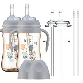 [1+1] 순수아  PPSU 빨대컵 240ml-2개+꼭지-2개+빨대-2개+빨대솔-2개