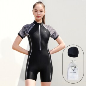 여성 아쿠아 집업 반팔 3부 반신 실내수영복 블랙체크 L_4A935