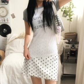 밀크 도트 레터링 래글런 배색 슬림반팔티5color