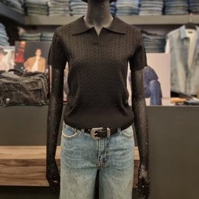 여성 오픈카라 케이블 반팔니트_DG