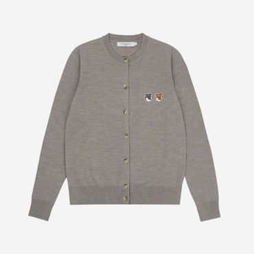  (W) 메종 키츠네 더블 폭스 헤드 패치 라운드넥 가디건 베이지 멜란지 (W) Maison Kitsune Doubl