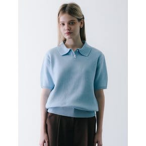 Jacquard Short Sleeve Collar Knit Sky Blue