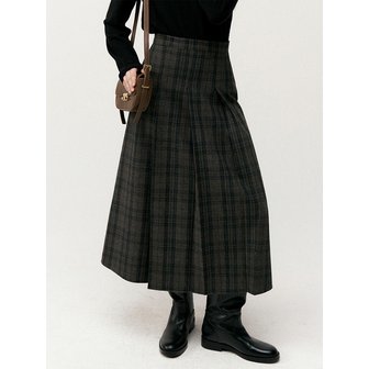 로에일 플리츠 울 체크 롱 스커트 - 브라운