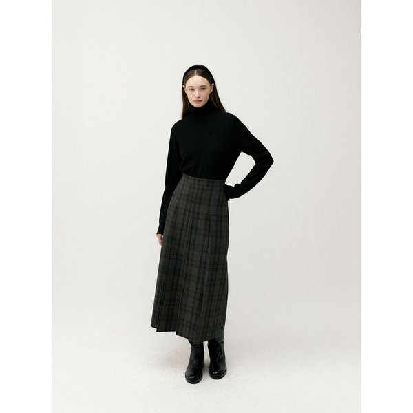 플리츠 울 체크 롱 스커트 - 브라운