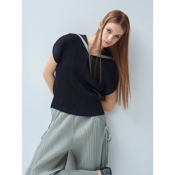 배색 카라 플리츠 블라우스_2colors