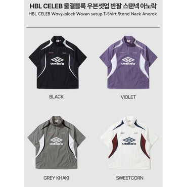 엄브로 남녀공용 HBL CELEB 물결블록 우븐셋업 반팔 스탠넥 아노락 UP221CWT53