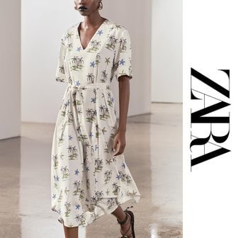  자라 ZARA 여성 반팔 원피스 ZW컬렉션 야자수 프린트 여름 브이넥 롱 드레스