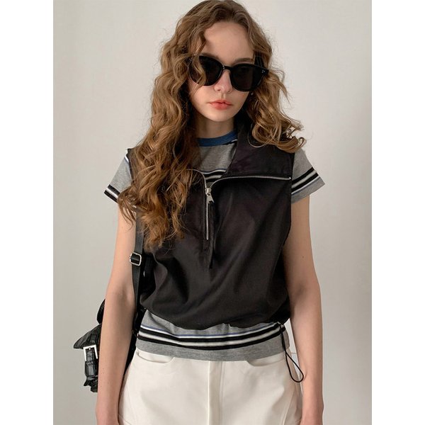 Half Zip-Up String Cropped Vest VSHIRT_009