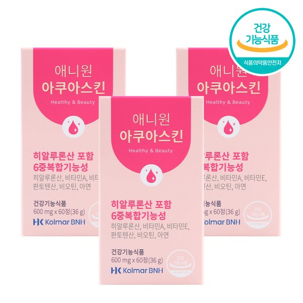 한국콜마 3박스(3개월분) 콜라겐 히알루론산 애니원아쿠아스킨/ 6중복합기능성 비오틴 비타민A 비타민E 판토텐산 아연