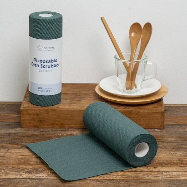 온예록 엠보형 일회용 롤 수세미 60매 2개 딥그린