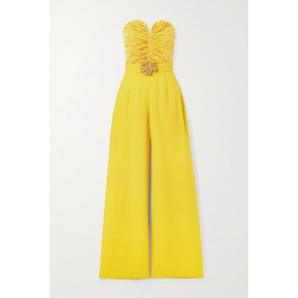 앤드류 지엔 스트랩리스 장식 주름 플리세 새틴 크레이프 점프수트 옐로 1647597300906376