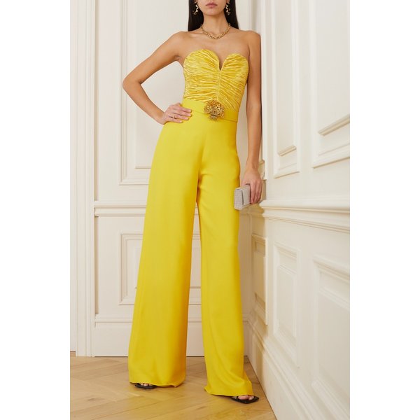 앤드류 지엔 스트랩리스 장식 주름 플리세 새틴 크레이프 점프수트 옐로 1647597300906376