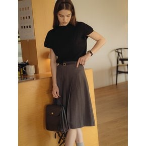 Belt set pleats midi skirt_Charcoal