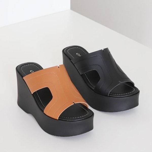 [옷자락] 여성 스티치 탄탄가죽 트임 키높이 통굽 플랫폼 샌들