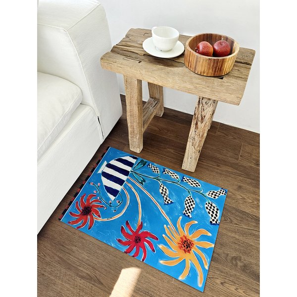 블루 플라워 빨아쓰는 소프트 규조토 아트 발매트