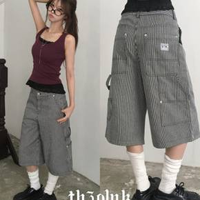 / 뺘요 스트라이프 패치 와이드 버뮤다 카고 팬츠