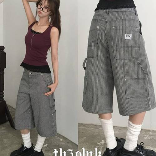 더핑크 / 뺘요 스트라이프 패치 와이드 버뮤다 카고 팬츠