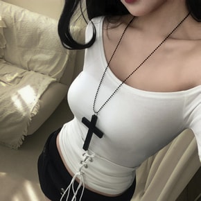 비즈 슬림 코르셋 원오프숄더 세미 크롭 긴팔티3color