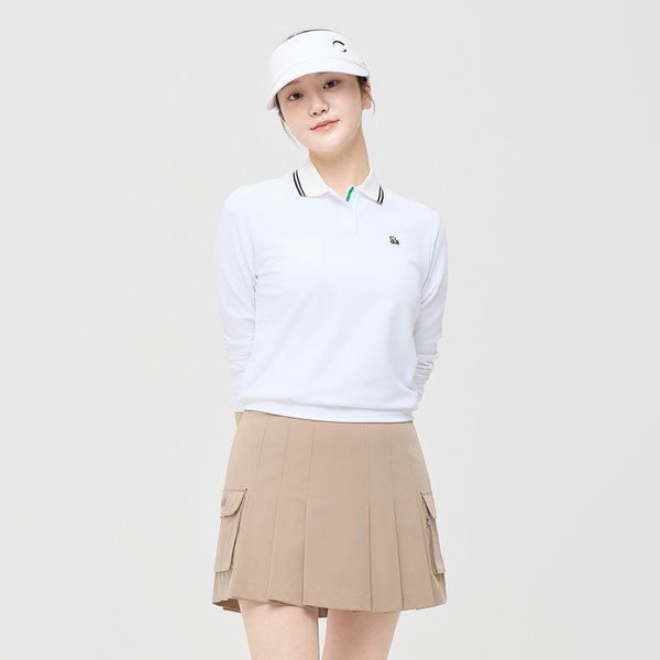 [부산점] 여성 에센셜 배색 립 긴팔 카라 티셔츠 화이트_CHE1WLT1953WH