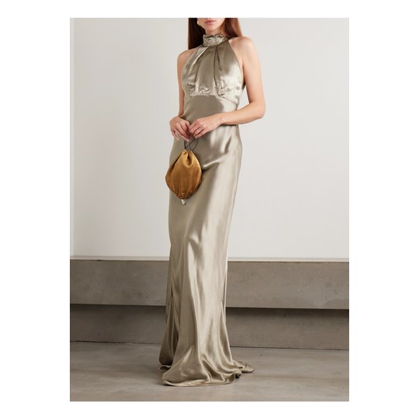 살로니 미셸 벨벳 트리밍 오픈 백 새틴 가운 골드 46376663162908494