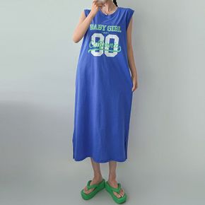 숫자 프린트 롱 원피스 라운드넥 트임 민소매 박시핏 캐주얼 휴양지룩_P431357370