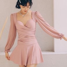 여자 롱슬리브 분홍색 비침 랩 귀여운 수영복_2