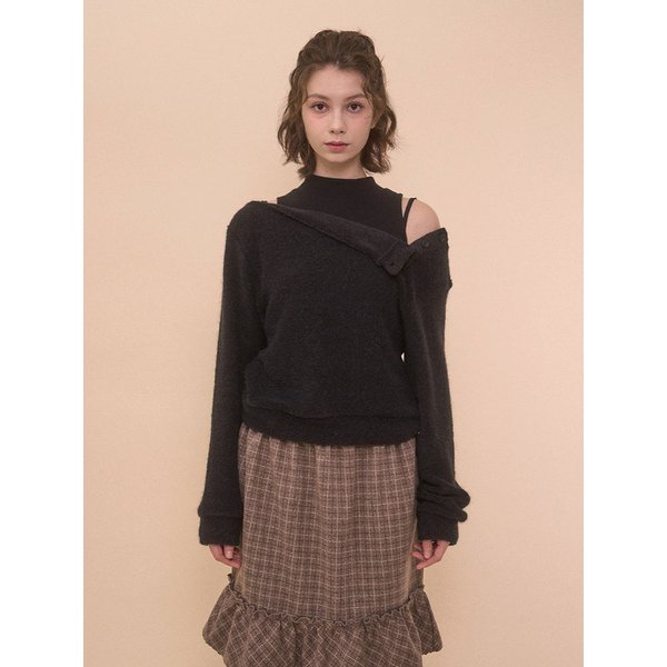 FUZZY BOAT NECK KNIT-BLACK