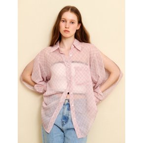 [OVER-FIT] CHIFFON SEE-THROUGH SLEEVE DETAIL PINK CHECK SHIRT