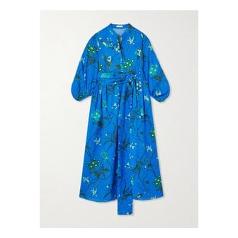 에르뎀 벨트 플로럴 프린트 코튼 리넨 혼방 미디 드레스 블루 1647597335491769