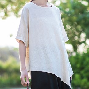 언밸런스 밑단 라운드넥 린넨 블라우스 DB3989_P363328132