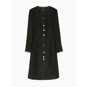 Wool Tweed Squared Neck Long Dress_Black Check