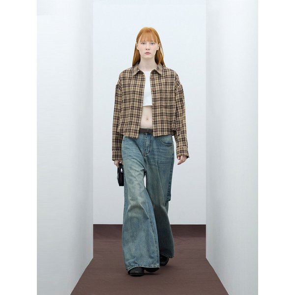 85-VIVA090 샌드 크롭 긴팔 체크 셔츠 브라운