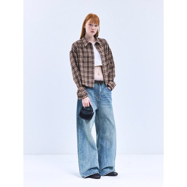85-VIVA090 샌드 크롭 긴팔 체크 셔츠 브라운