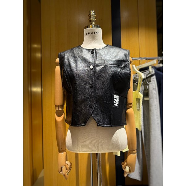 [시흥점] 여성 페이크 레더 라운드 카라 크롭 베스트  (ES1JF100)