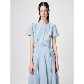 Neck Cut-Out Shirring Dress, Sky Blue