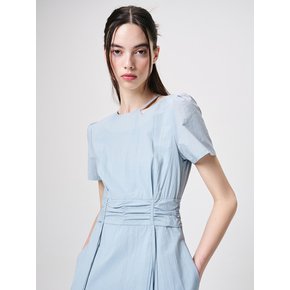 Neck Cut-Out Shirring Dress, Sky Blue