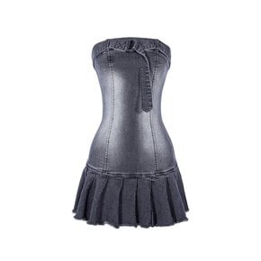 PLEATS WASHING DENIM MINI DRESS_Gray