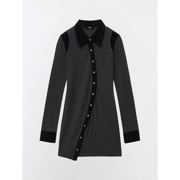 유즈 CORDUROY UNBALANCE CUT OUT SHIRT DRESS - BLACK