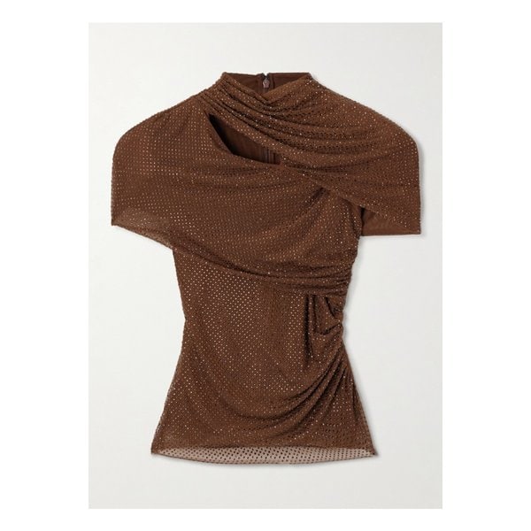 개더 컷아웃 크리스털 장식 메시 탑 브라운 46376663162915086
