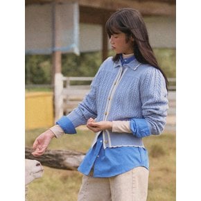 Wavy Collar Cable Merino Cardigan (Light Blue)