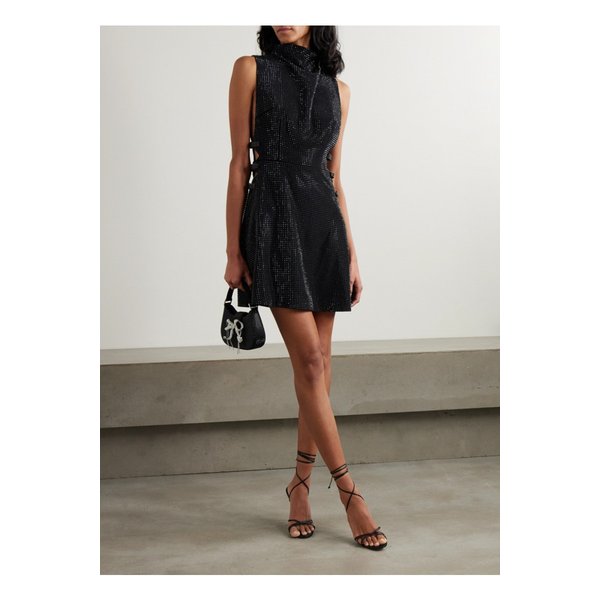 보우 크리스털 장식 크레이프 터틀넥 미니 드레스 블랙 1647597345383076