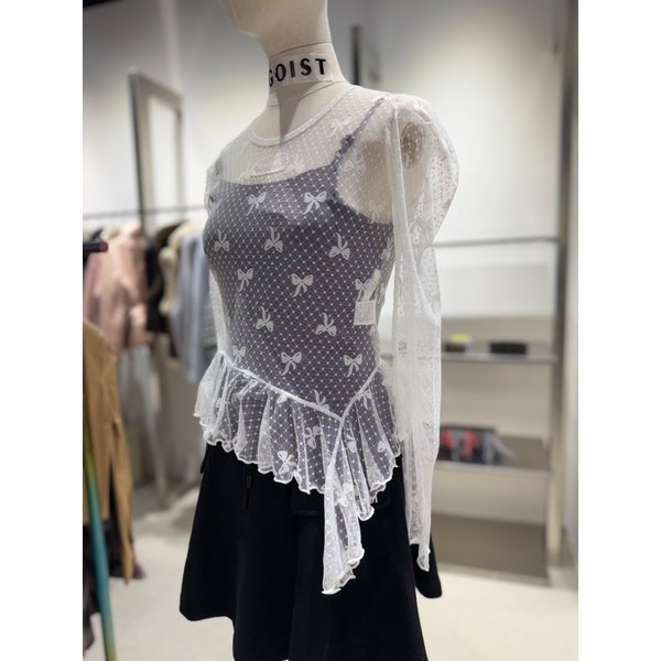 [여주점] 리본 모티브 메쉬 언발 티셔츠 ES2OTL52