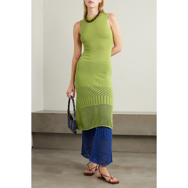 에스코비도 넷 서스테인 톤데로 오픈 백 니트 코튼 미디 드레스 라임 그린 1647597331218600