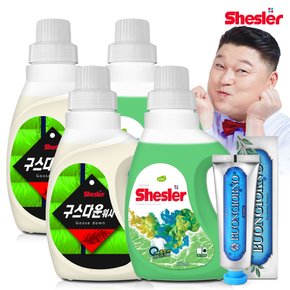 강호동의 쉬슬러 액상 세제 650ml 구스다운워시전용 2개+유칼립투스 2개+치석케어 치약 100g 1개.