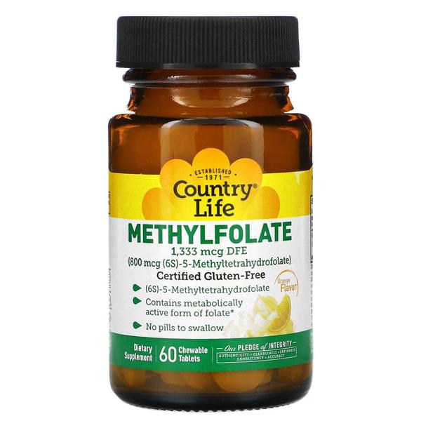 [해외직구] 컨트리라이프 메틸폴레이트 오렌지 800mcg 60 츄어블정 Country Life Methylfolate Orange 800 mcg 60 Chewable Tablets