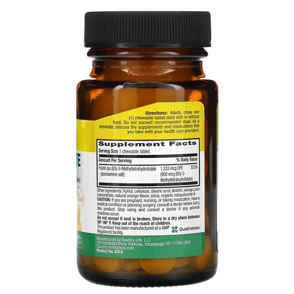 [해외직구] 컨트리라이프 메틸폴레이트 오렌지 800mcg 60 츄어블정 Country Life Methylfolate Orange 800 mcg 60 Chewable Tablets