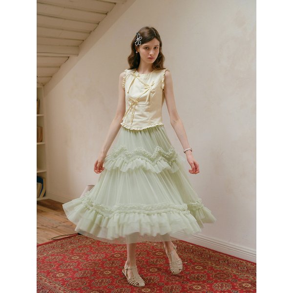 Cest_Ruffle line ribbon sleeveless top