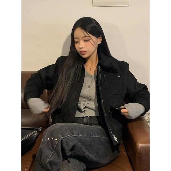 (W) 신세틱 스웨이드 블루종 점퍼_블랙