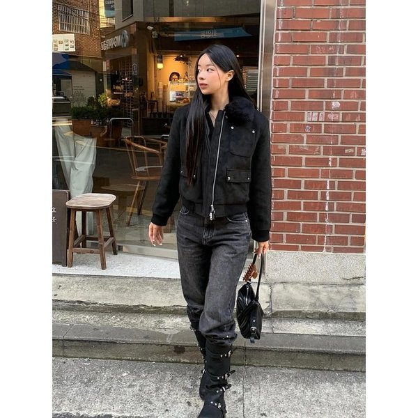 (W) 신세틱 스웨이드 블루종 점퍼_블랙